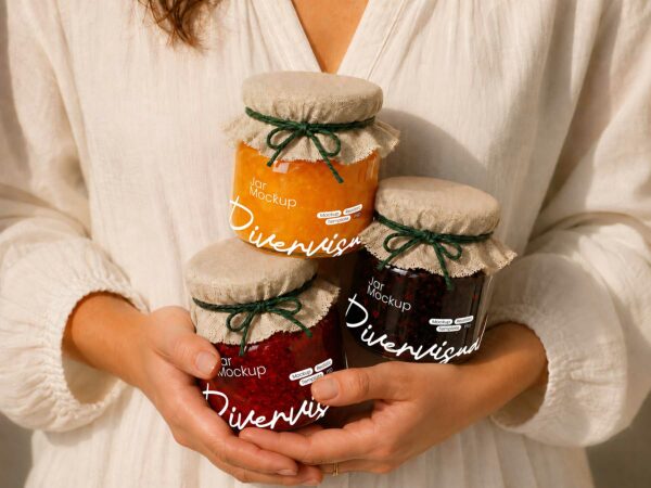 Woman Holding Glass Jam Jars Mockup