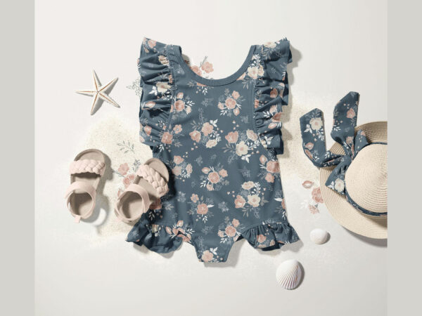 Baby Swimsuit Flatlay Free Mockup with Accessories