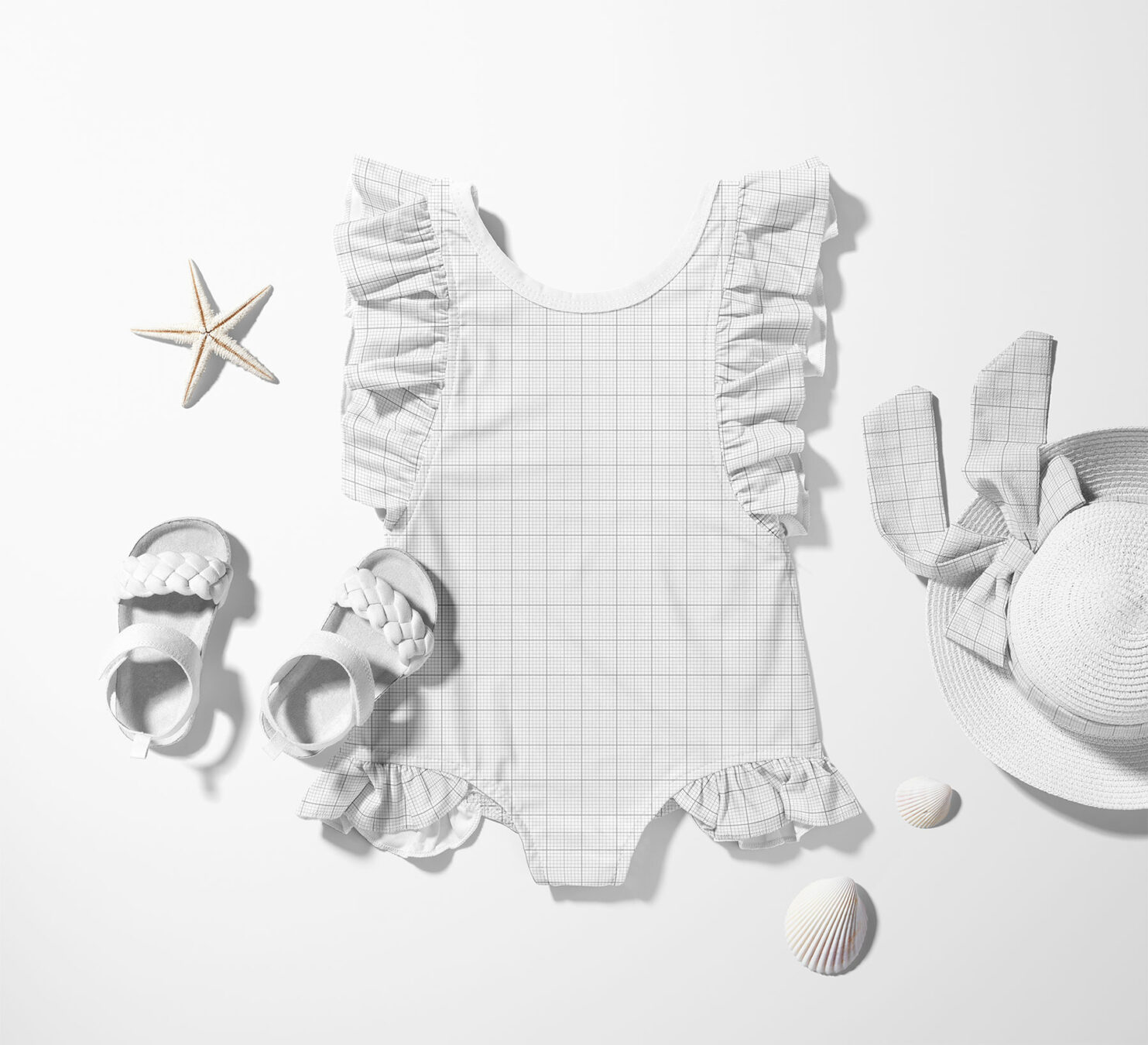 Baby Swimsuit Flatlay Free Mockup with Accessories