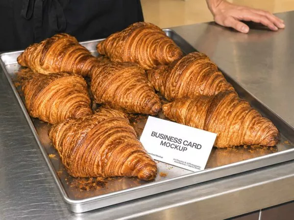 Free Bakery Business Card Mockup on Croissant Tray