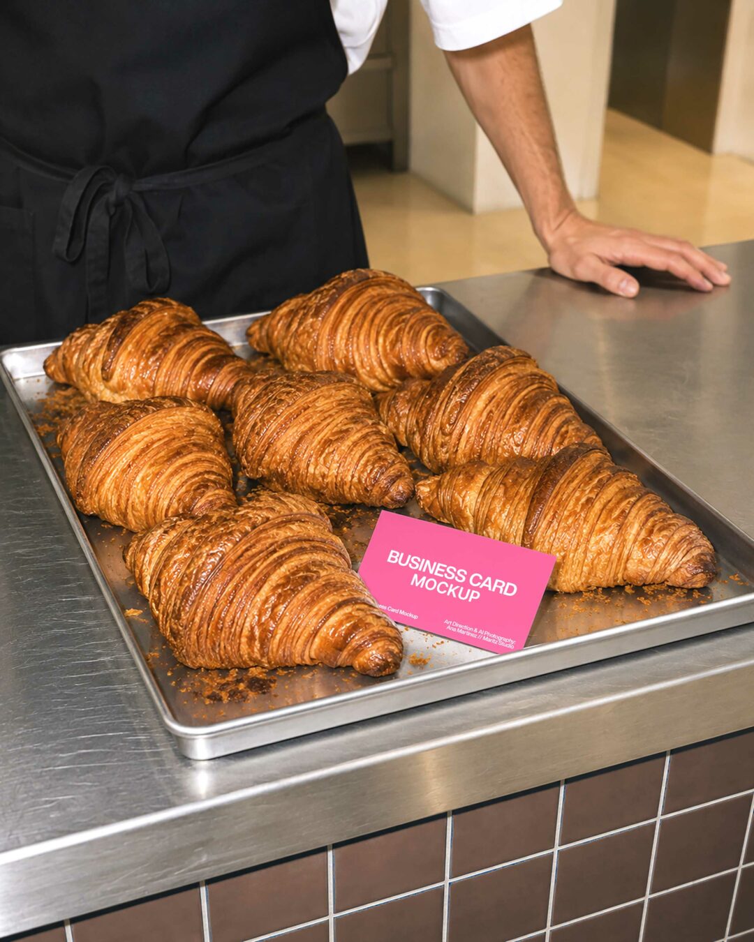 Free Bakery Business Card Mockup on Croissant Tray