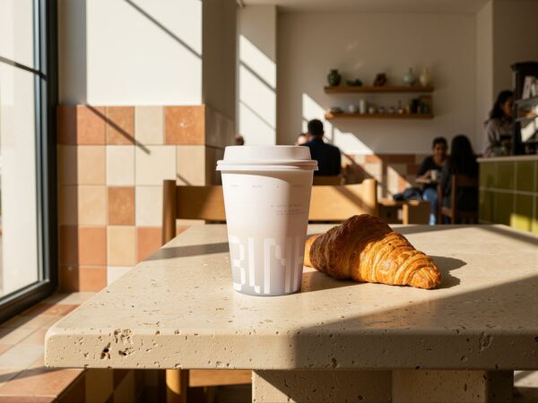 Free Coffee Paper Cup Mockup with Croissant in Café