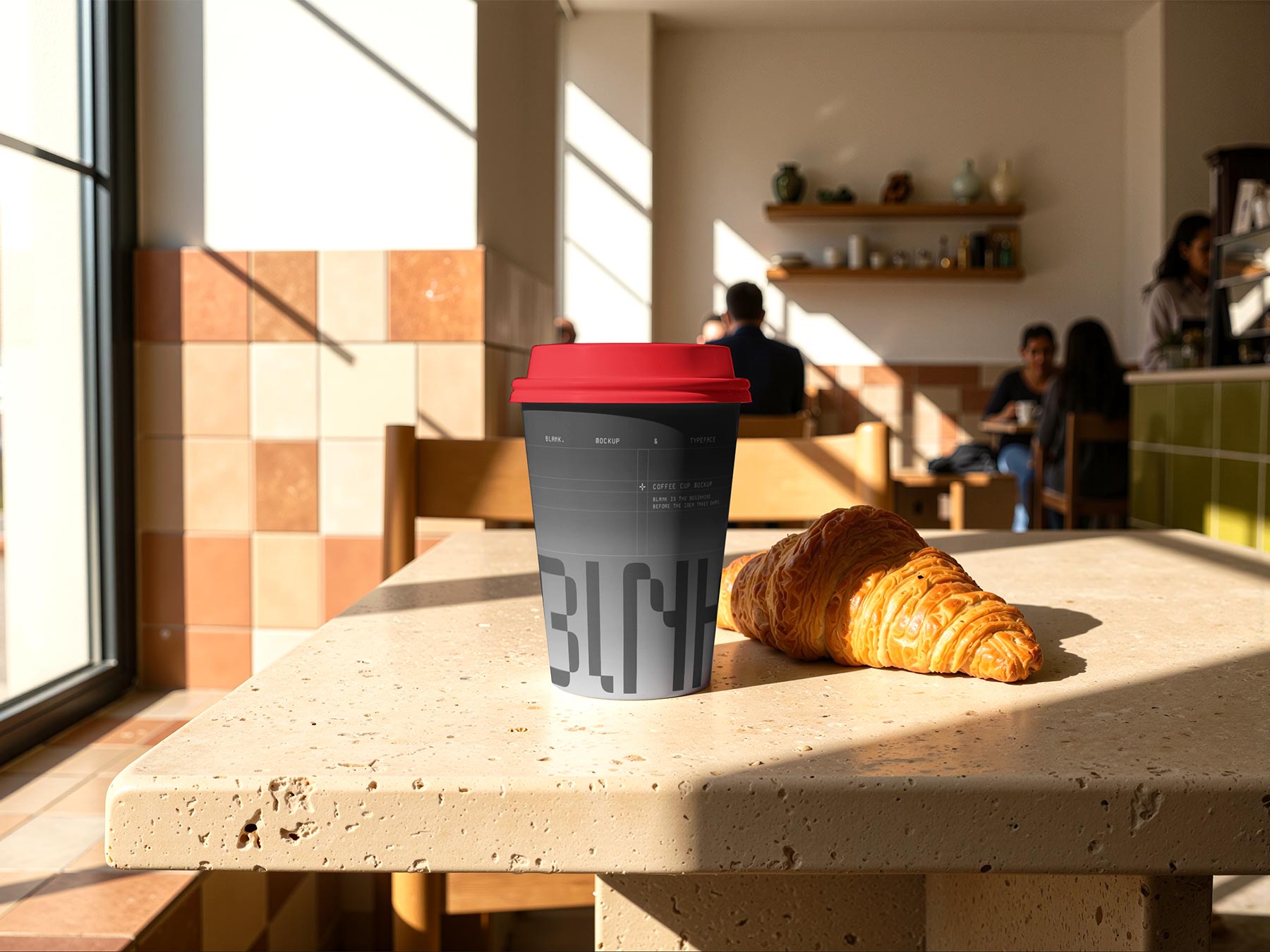 Free Coffee Paper Cup Mockup with Croissant in Café