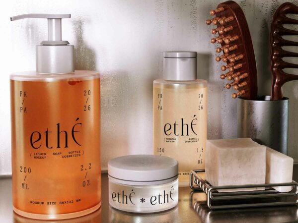 Free Cosmetic Bottles and Jar Mockup in Steamy Bathroom