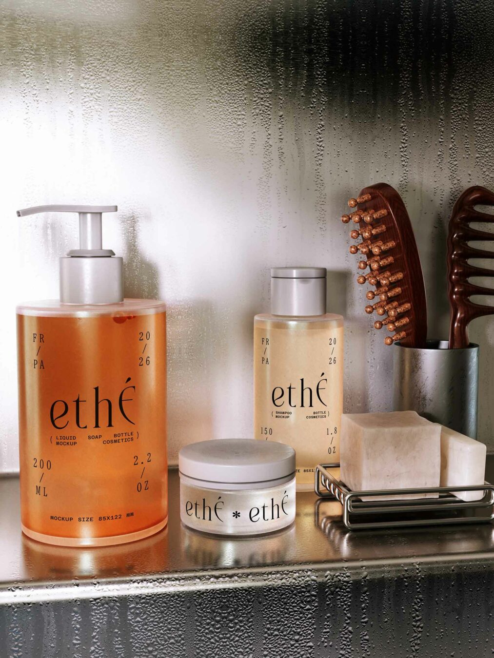 Free Cosmetic Bottles and Jar Mockup in Steamy Bathroom