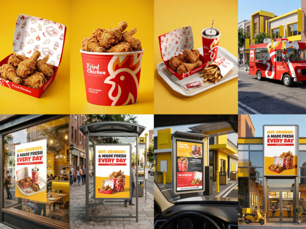 Free Fast Food & Fried Chicken Branding Mockup Bundle – Packaging & Outdoor Ads