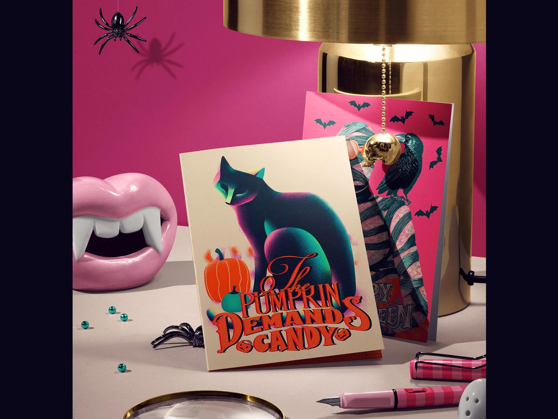 Free Halloween Greeting Card Mockup with Brass Lamp