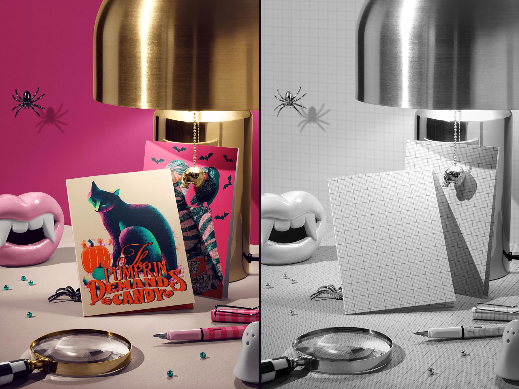 Free Halloween Greeting Card Mockup with Brass Lamp