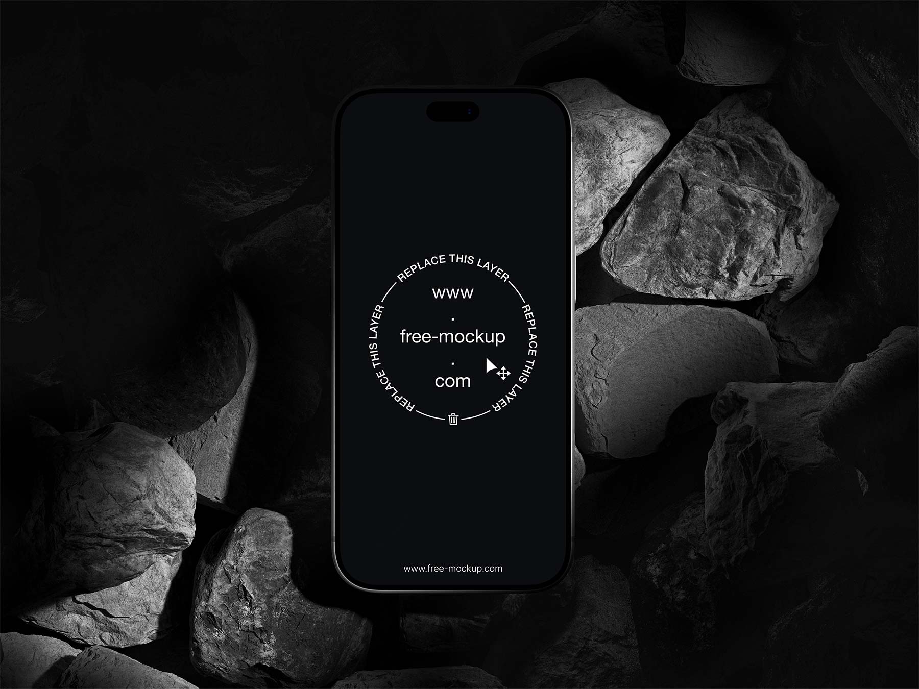 Free iPhone 18 Pro Mockup on Dark Stones