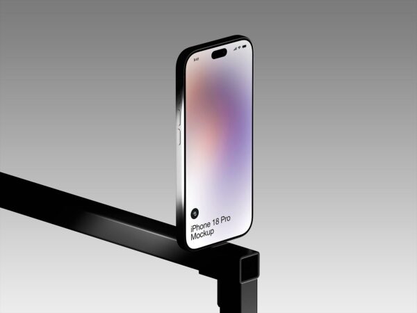 Free Standing iPhone 18 Pro Mockup on Metal Frame