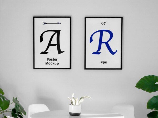Free Two Framed Posters in Dining Room Interior Mockup