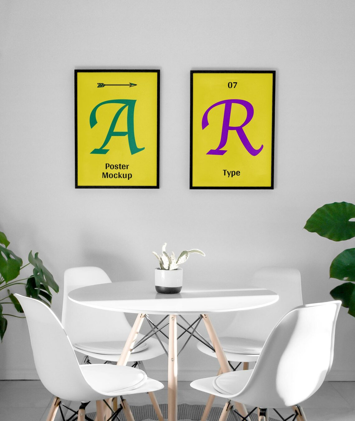 Free Two Framed Posters in Dining Room Interior Mockup
