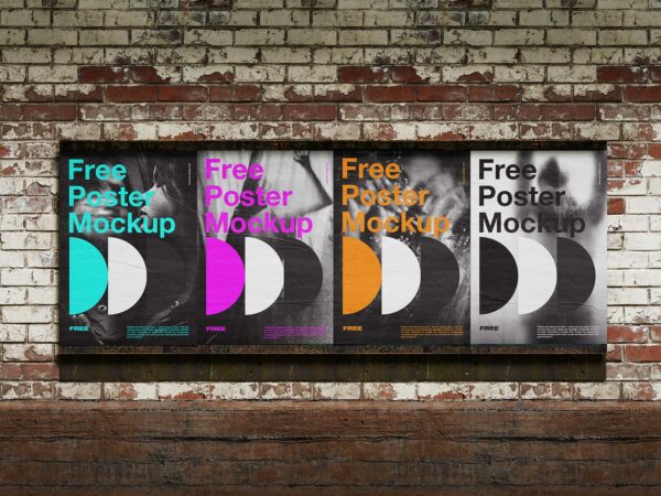 Free Urban Glue Paste Posters on Brick Wall Mockup Bundle