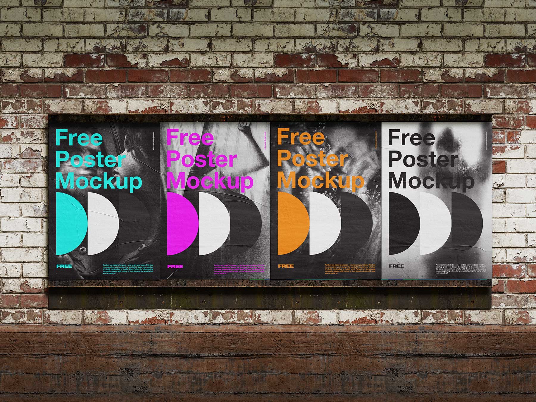 Free Urban Glue Paste Posters on Brick Wall Mockup Bundle