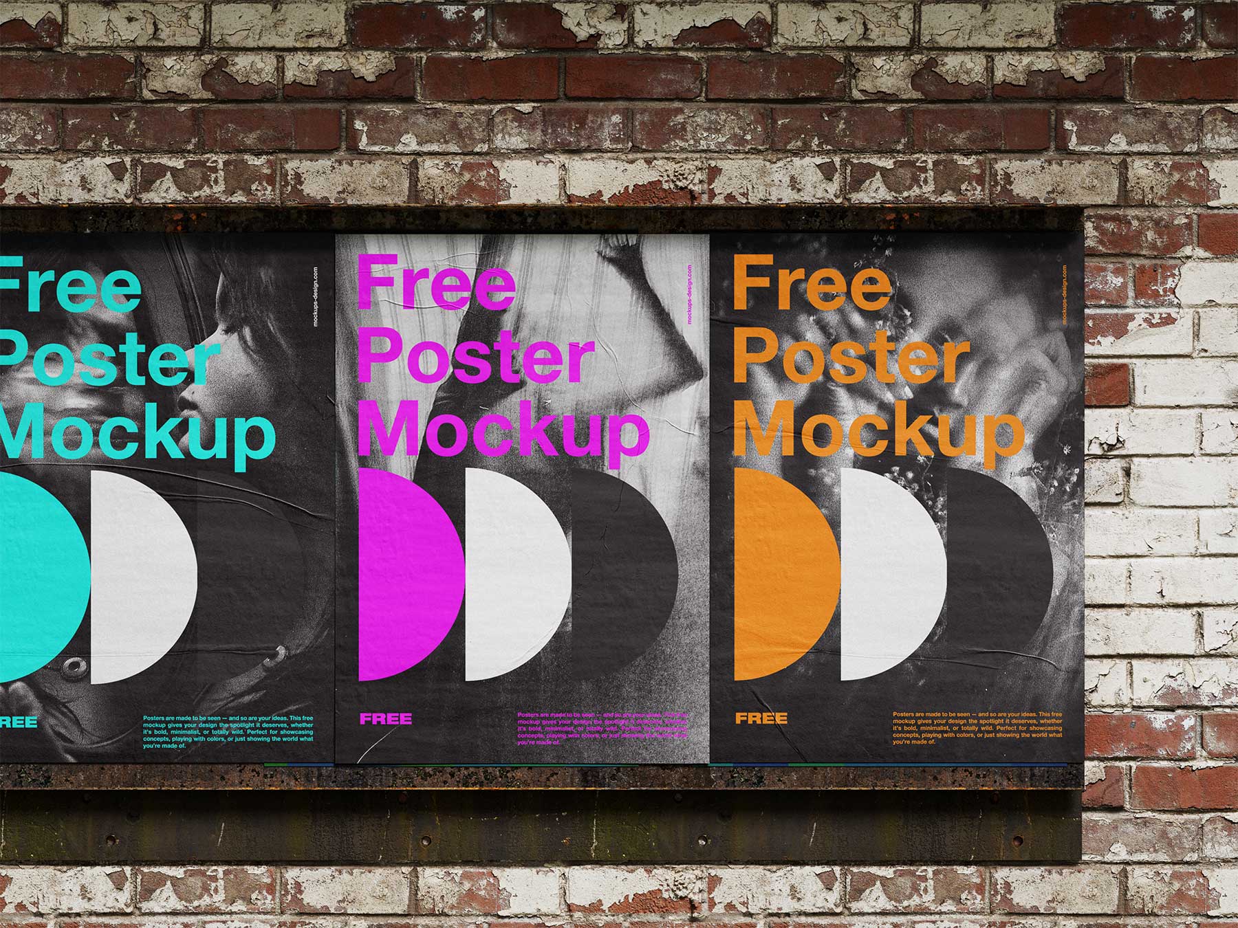 Free Urban Glue Paste Posters on Brick Wall Mockup Bundle