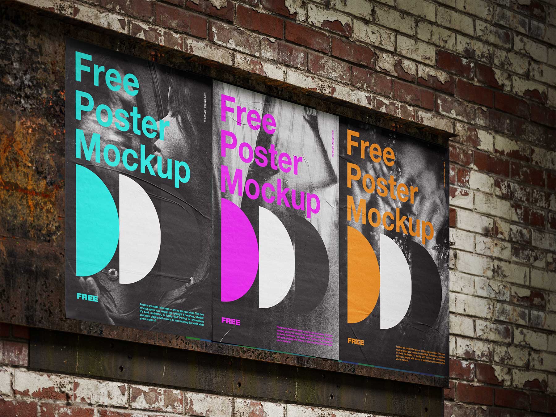 Free Urban Glue Paste Posters on Brick Wall Mockup Bundle