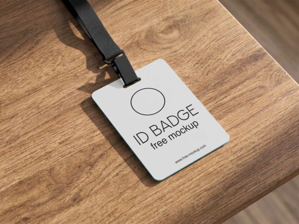 ID Badge Free Mockup on Wooden Table