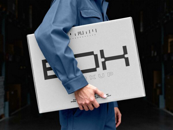 Mailing Box Free Mockup Carried by Courier – Shipping Packaging