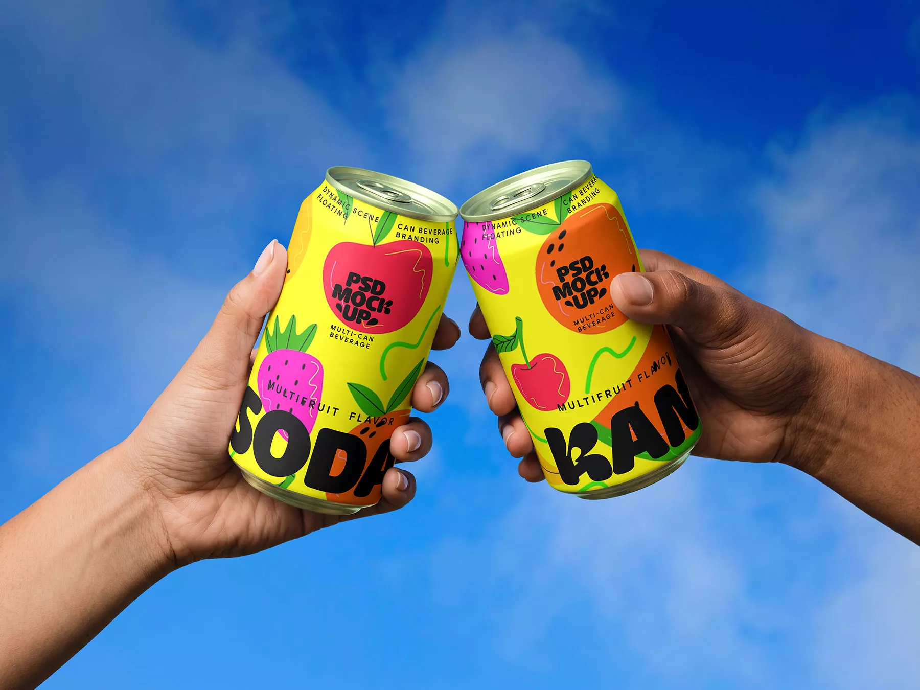 Free Beverage Cans Cheers Mockup Against Blue Sky