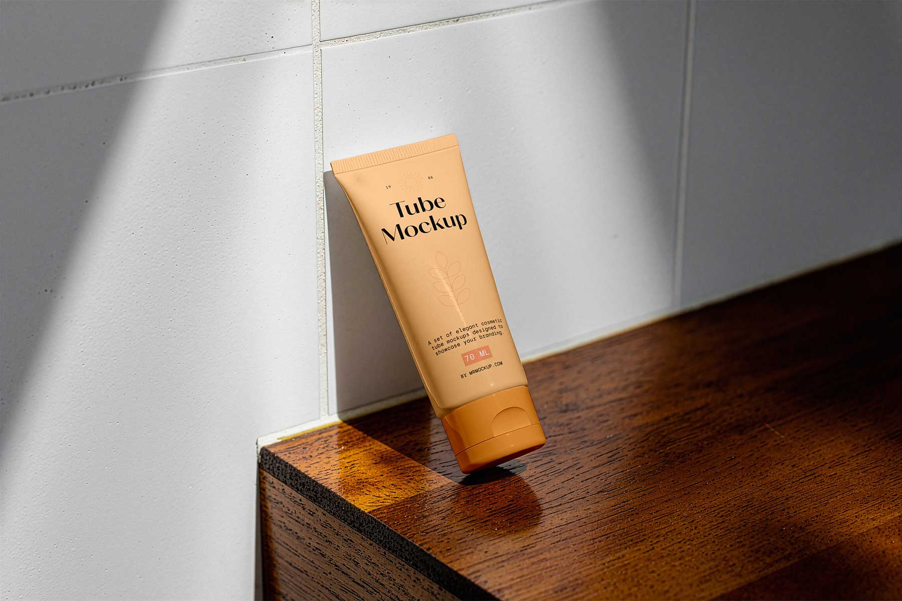 Free Cosmetic Tube Mockup on Wooden Counter