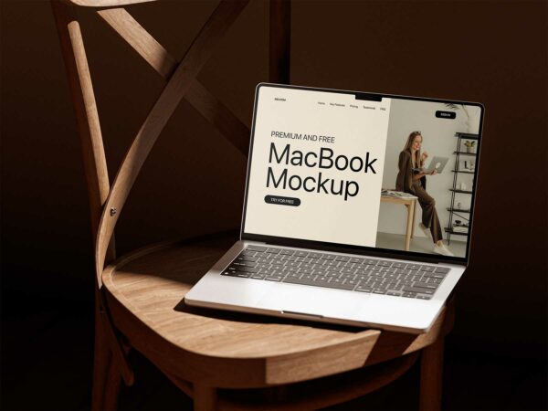 Free Laptop Mockup on Wooden Chair