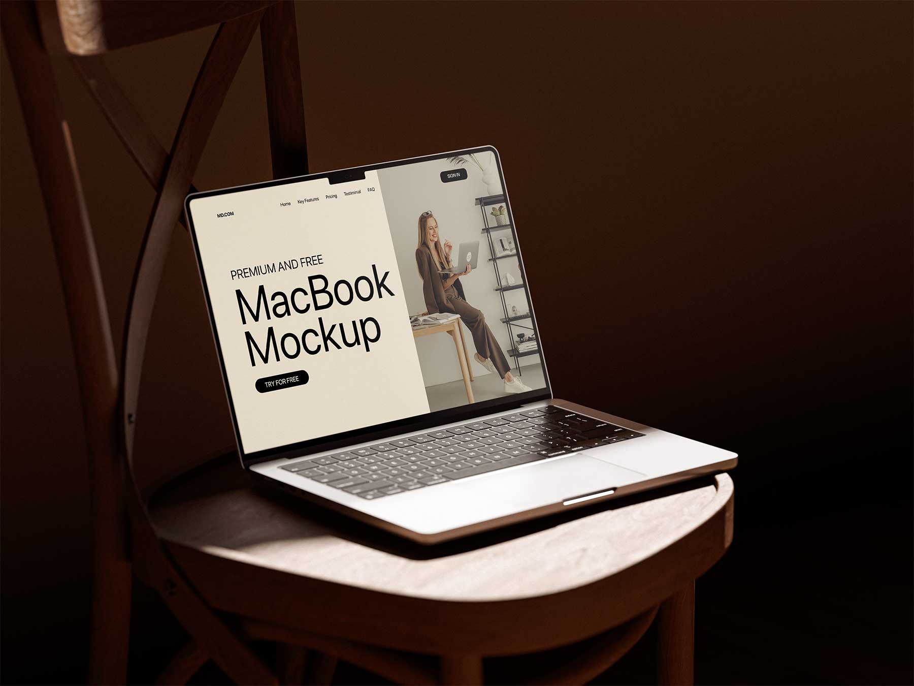 Free Laptop Mockup on Wooden Chair