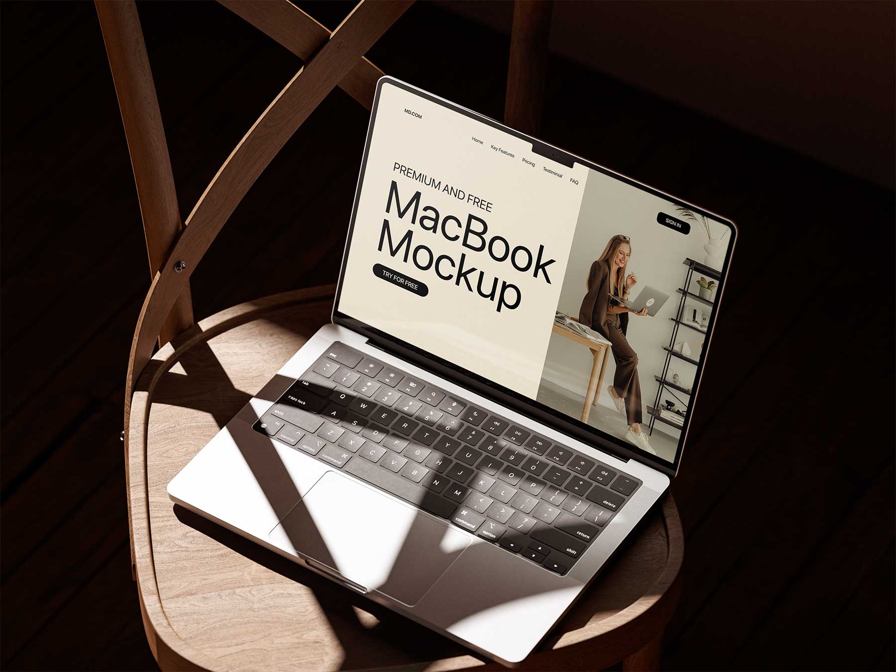 Free Laptop Mockup on Wooden Chair