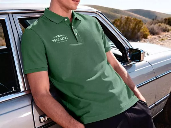 Free Men’s Polo Shirt Mockup Leaning on Vintage Car