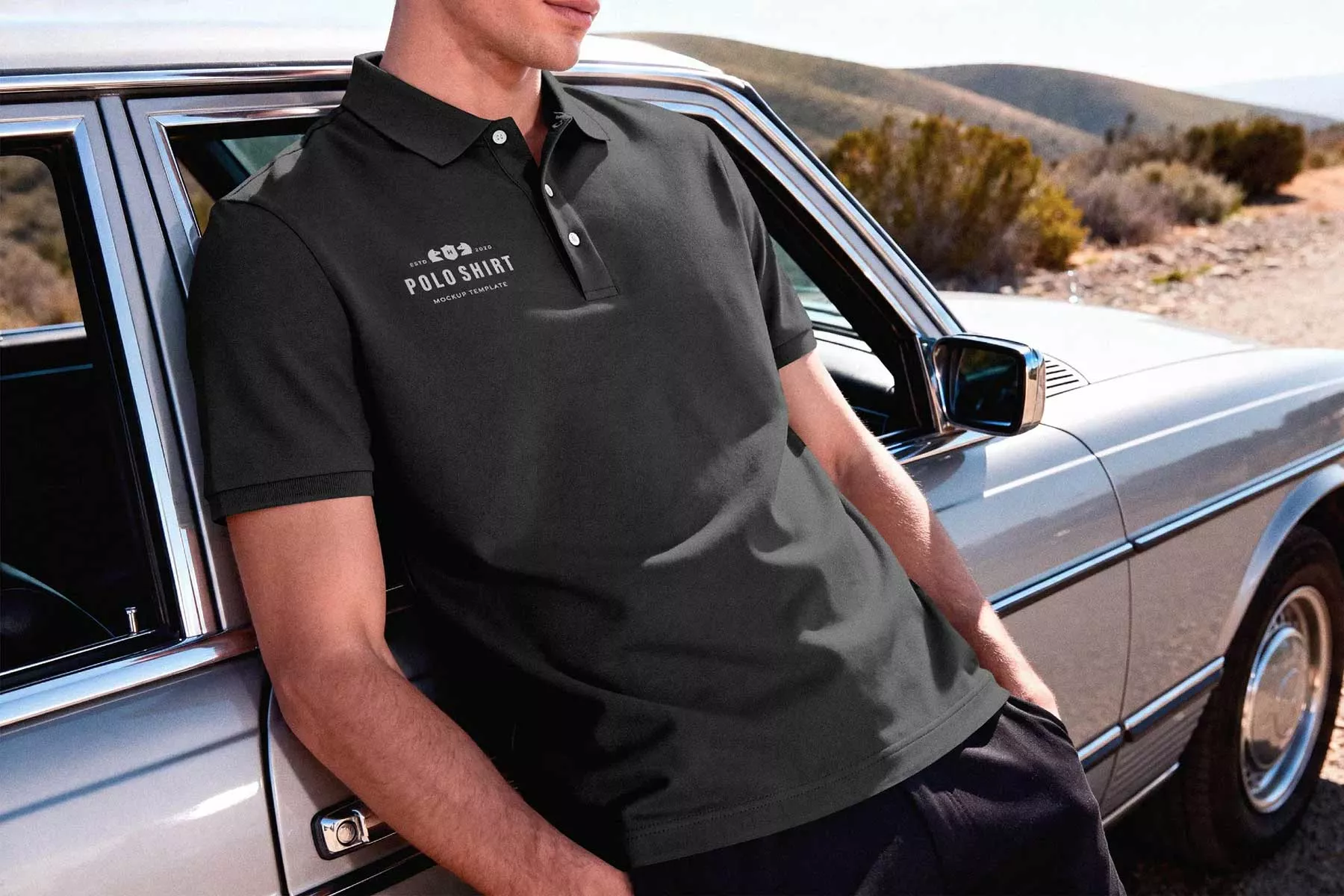 Free Men's Polo Shirt Mockup Leaning on Vintage Car