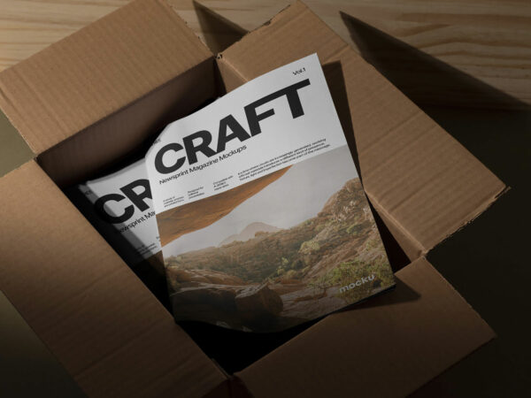 Free Newsprint Magazine Mockup in Box