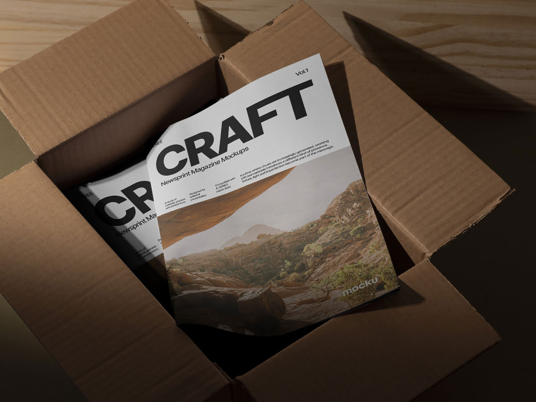 Free Newsprint Magazine Mockup in Box – Editorial & Print Display