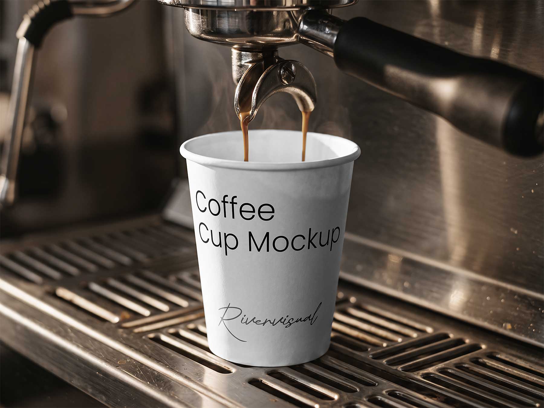 Free Paper Coffee Cup Mockup on Espresso Machine