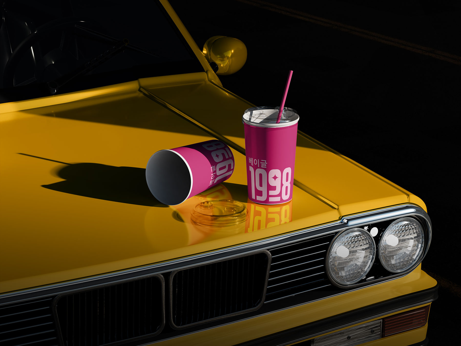 Free Paper Coffee Cups Mockup on Vintage Car Hood