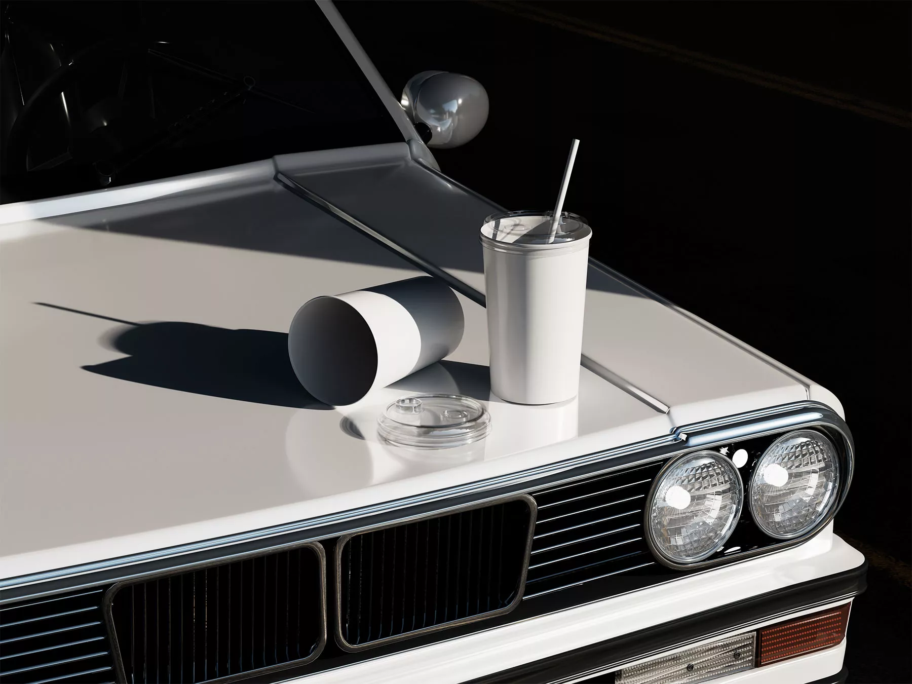 Free Paper Coffee Cups Mockup on Vintage Car Hood