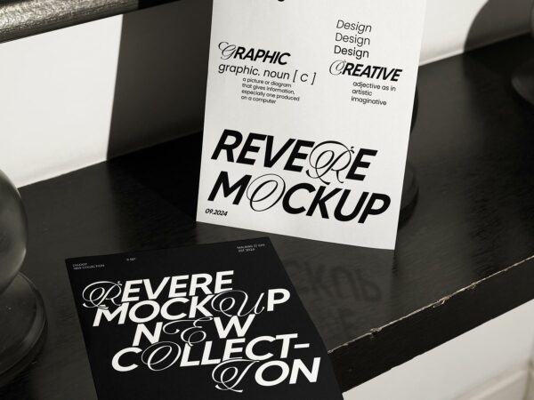 Free Paper Flyer Mockup on Dark Shelf