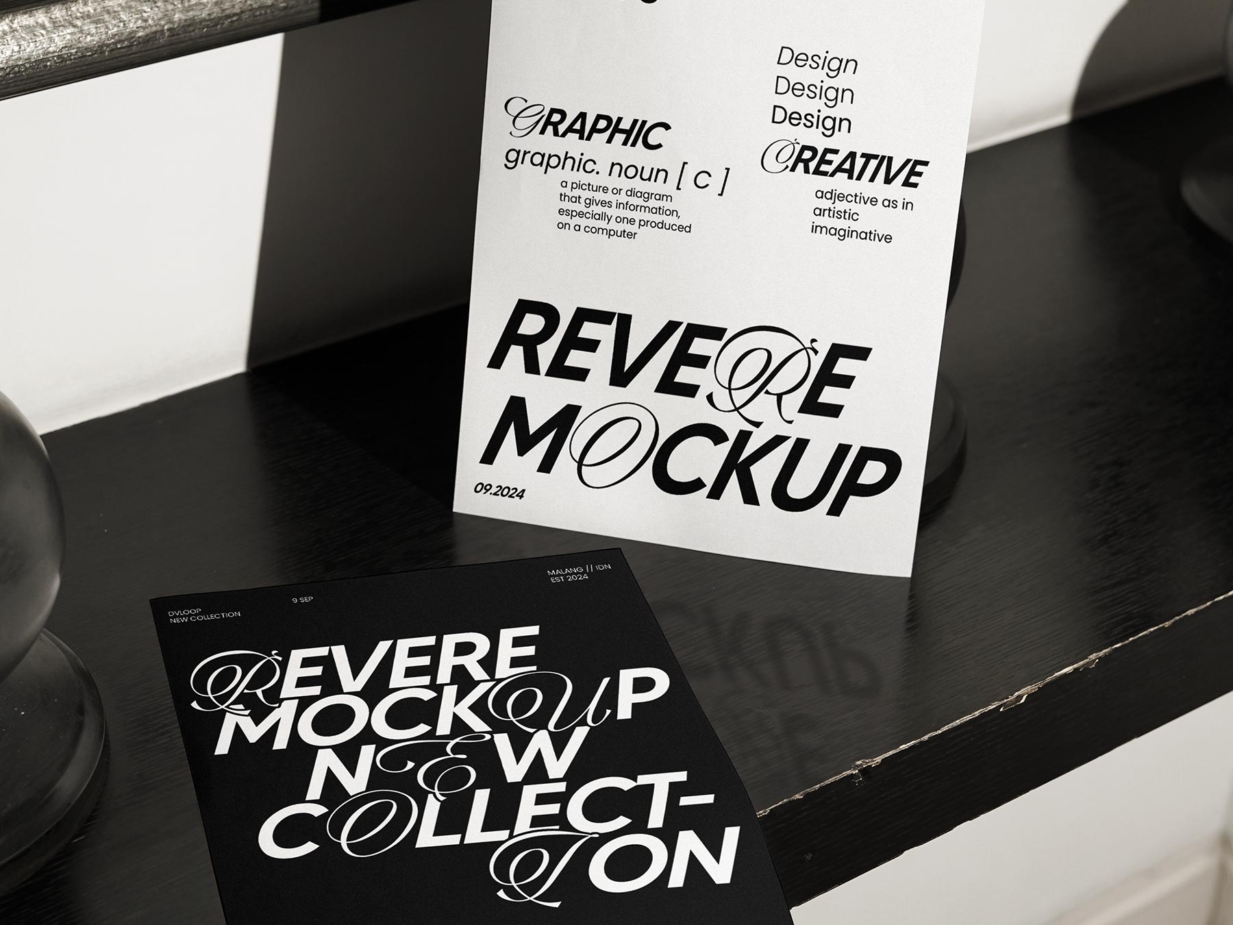Free Paper Flyer Mockup on Dark Shelf