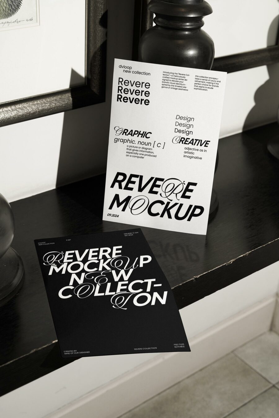 Free Paper Flyer Mockup on Dark Shelf