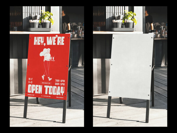 Free Sidewalk A-Frame Sign Mockup Outside Cafe