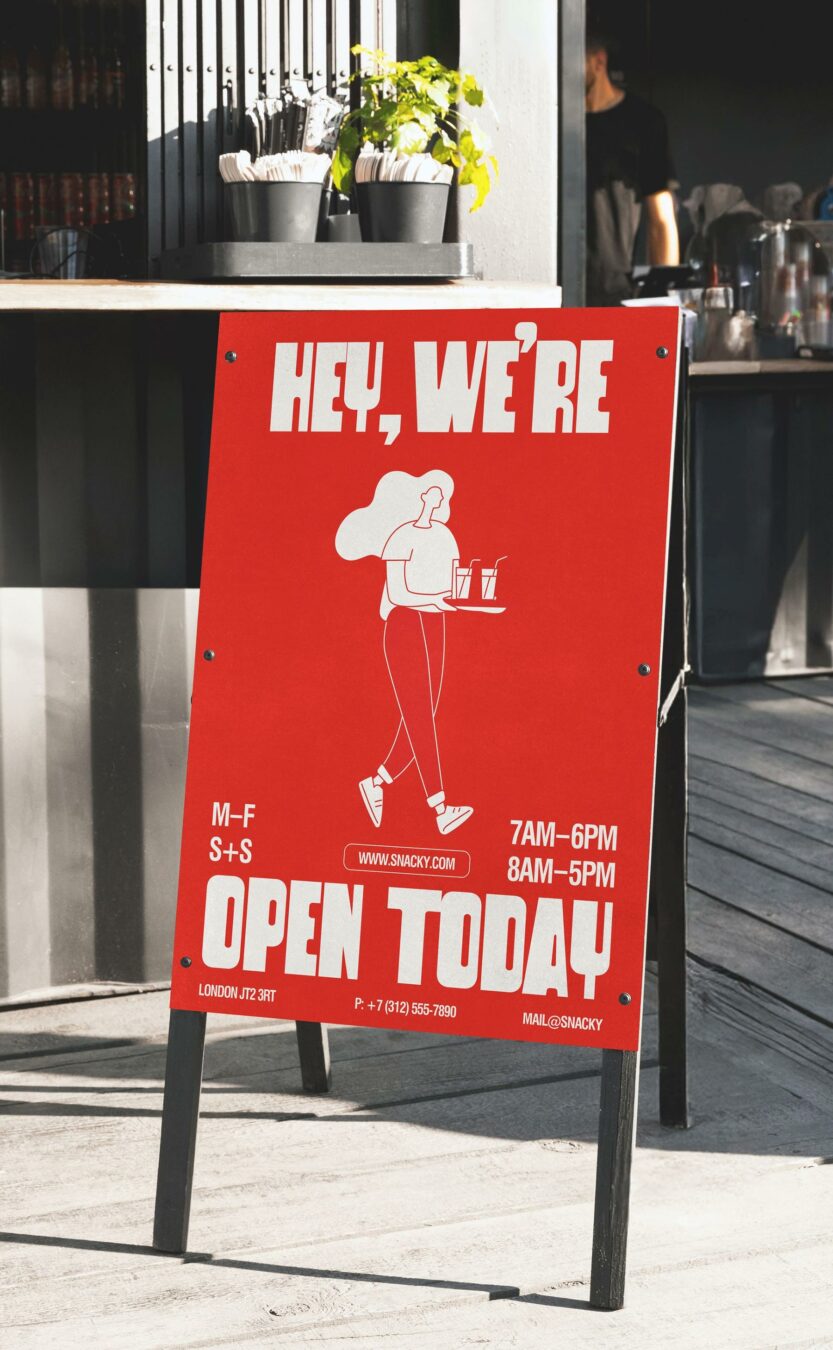 Free Sidewalk A-Frame Sign Mockup Outside Cafe