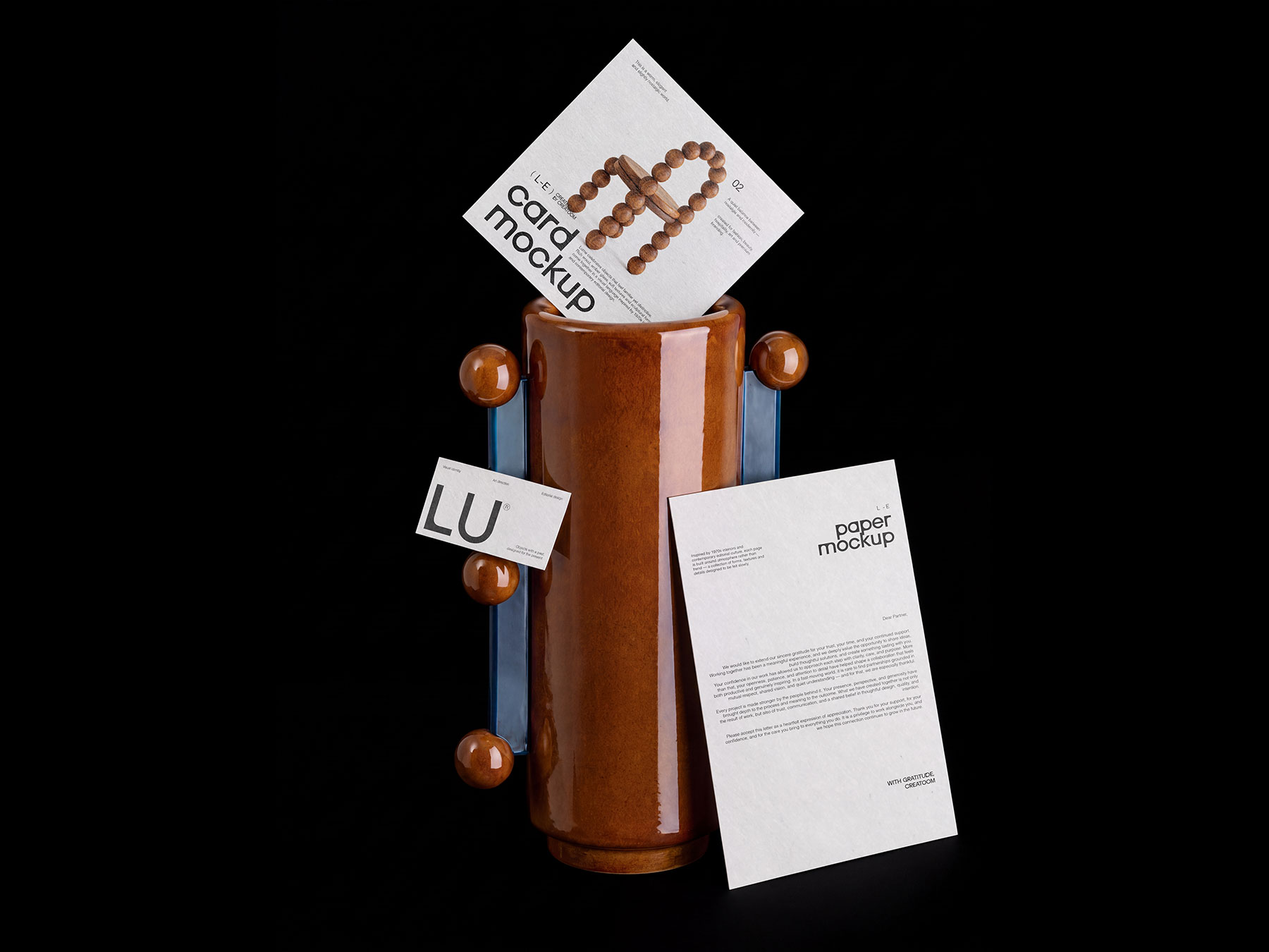 Free Stationery Mockup with Ceramic Vase
