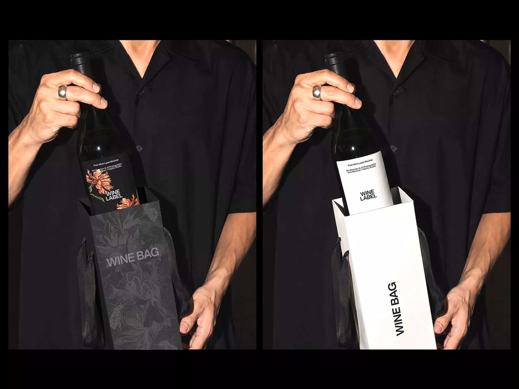 Free Wine Bottle and Paper Wine Bag Mockup