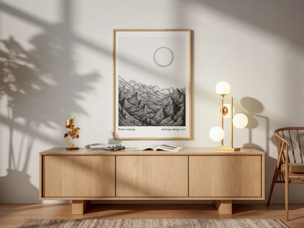Free Wooden Framed Poster Mockup in Interior