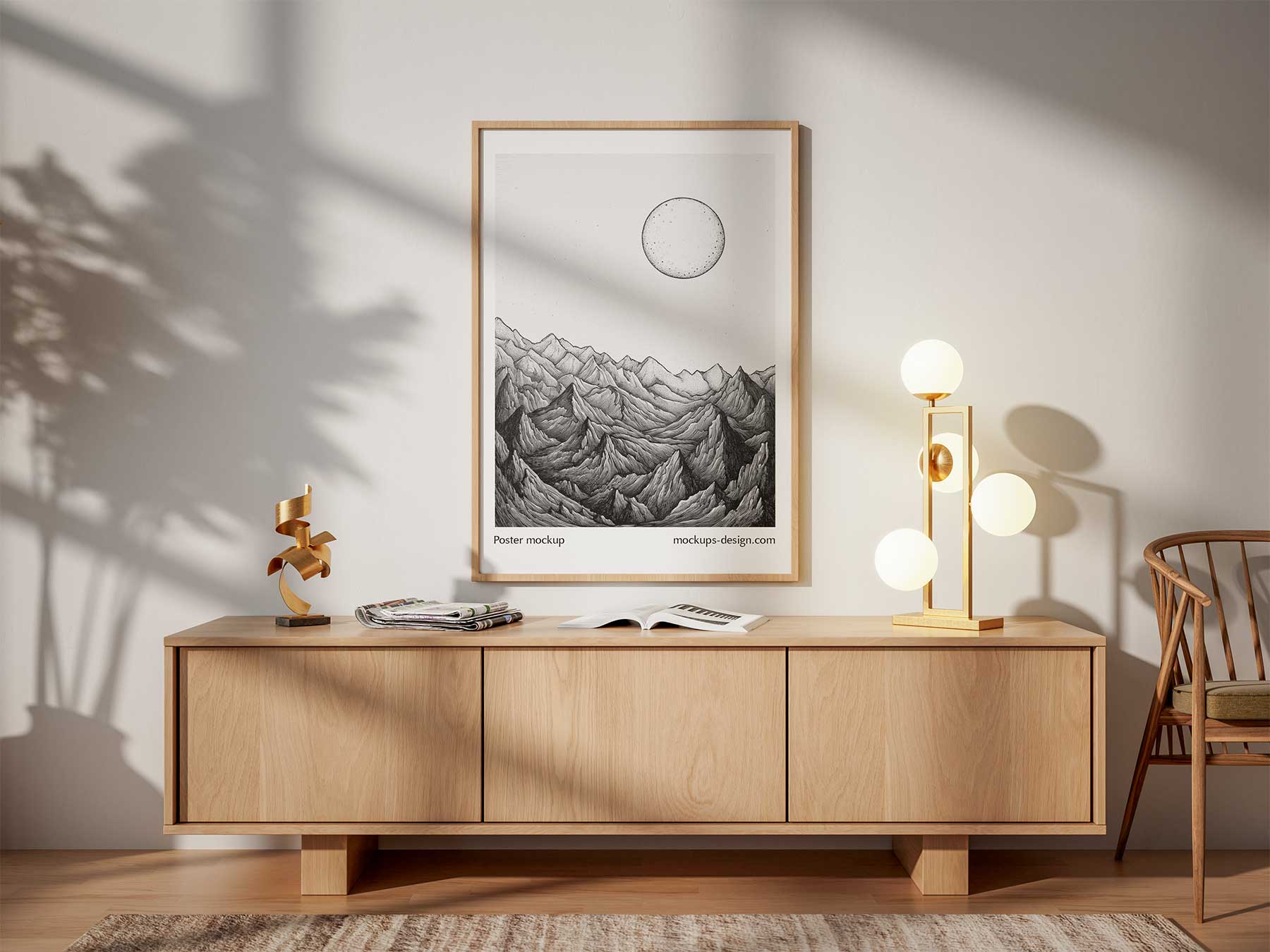 Free Wooden Framed Poster Mockup in Interior