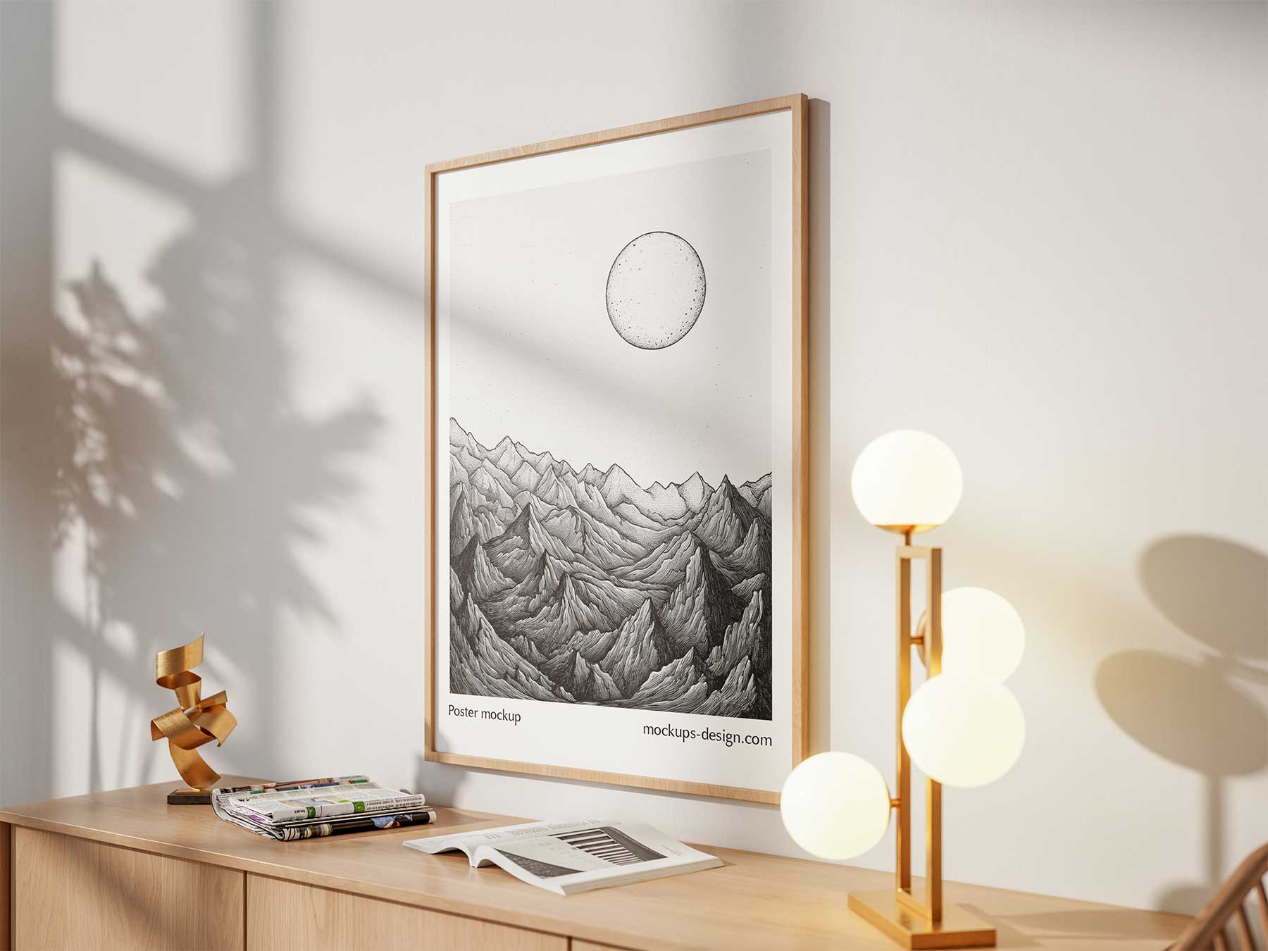 Free Wooden Framed Poster Mockup in Interior