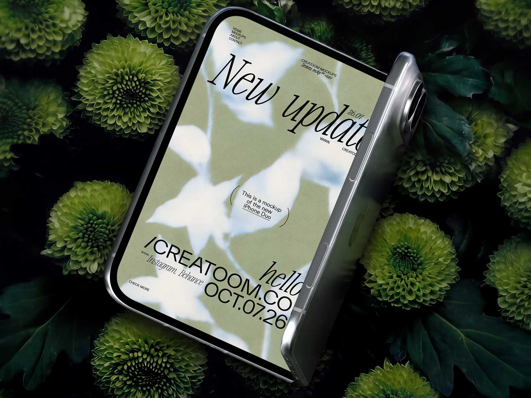 iPhone Duo Free Mockup on Green Flowers