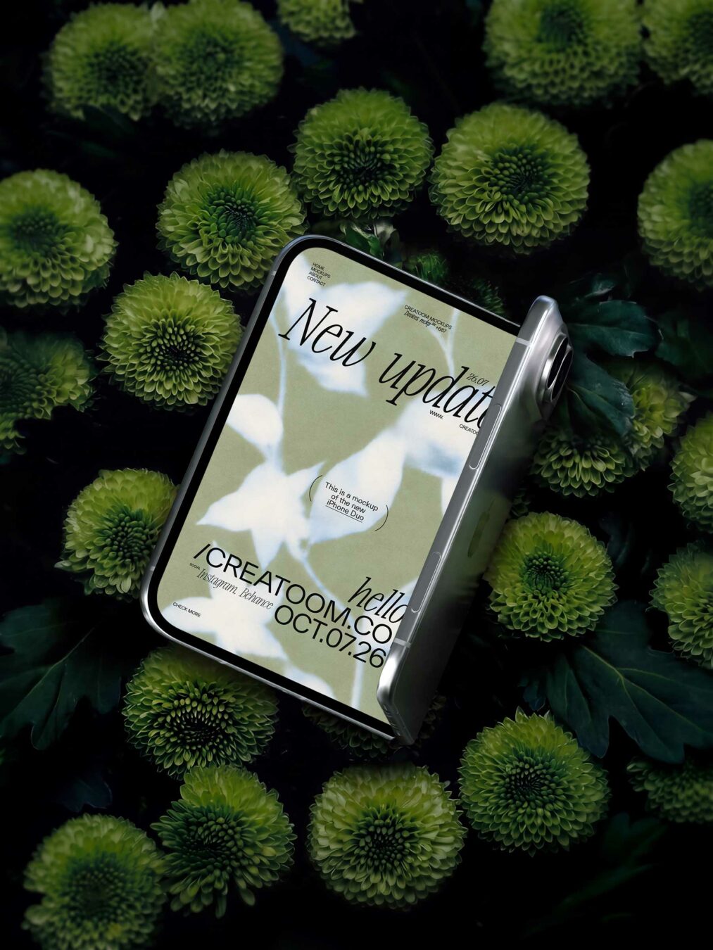 iPhone Duo Free Mockup on Green Flowers
