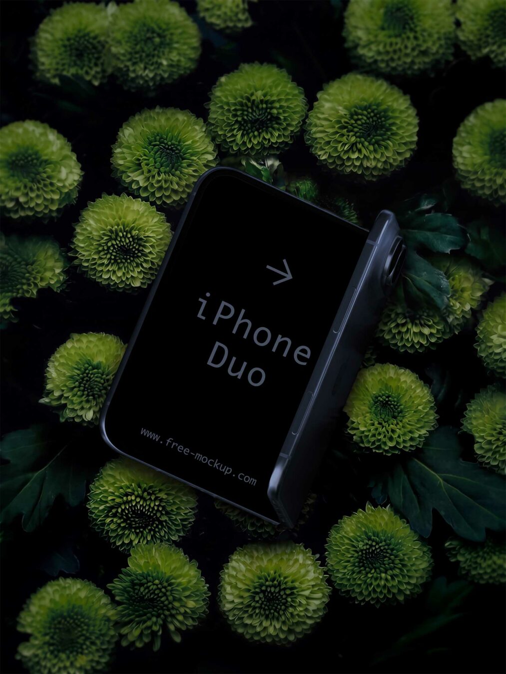 iPhone Duo Free Mockup on Green Flowers
