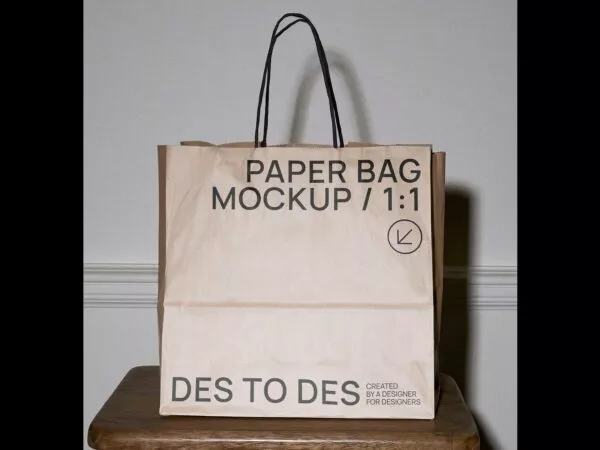 Kraft Paper Bag Free Mockup on Wooden Stool