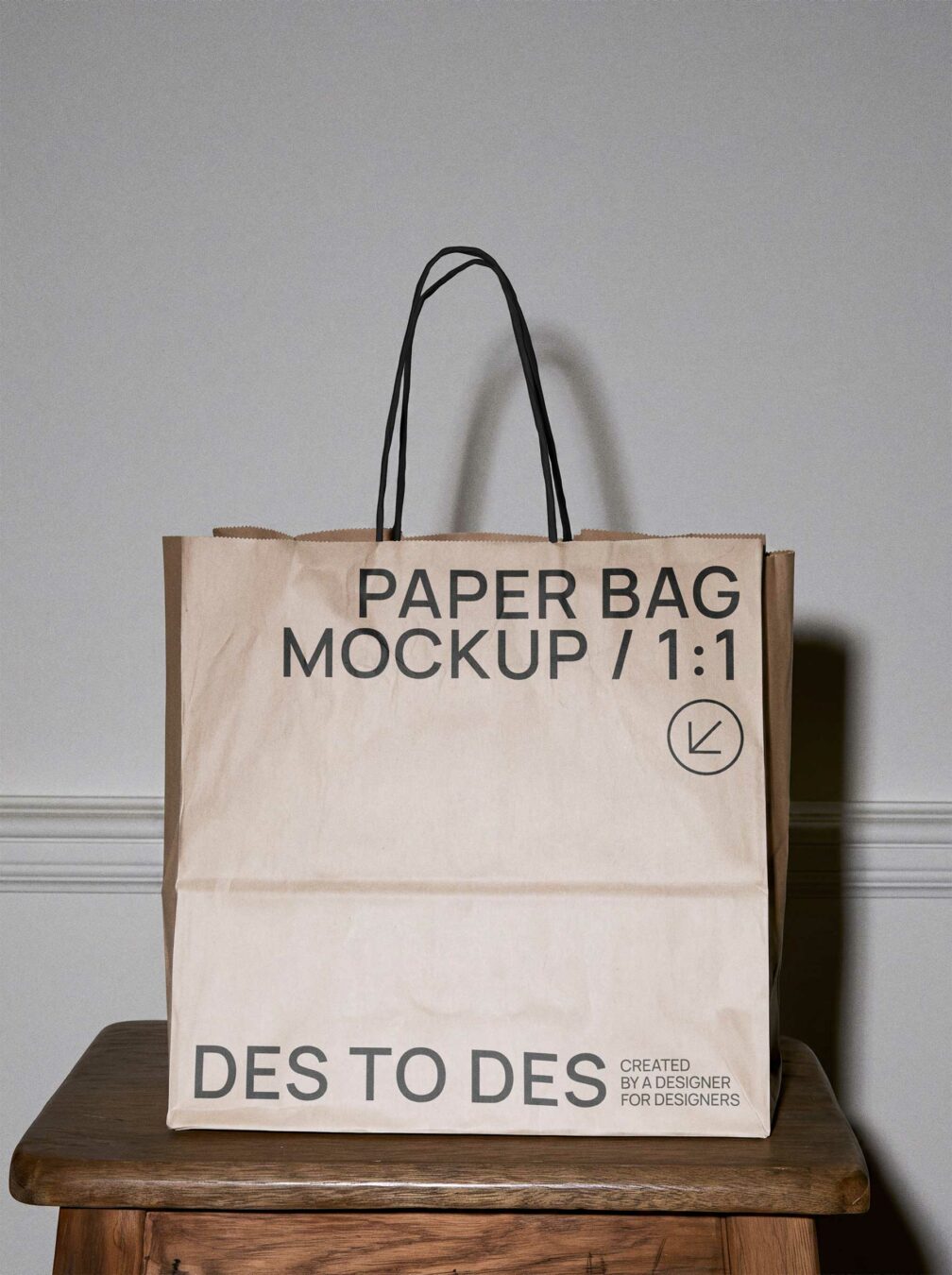 Kraft Paper Bag Free Mockup on Wooden Stool